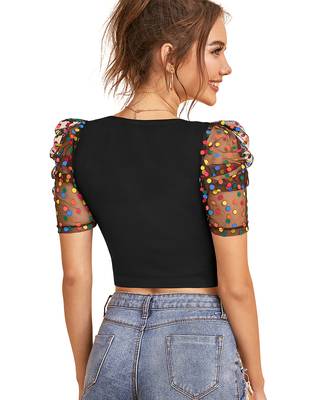  black polka dot crop top for women     aesthetic v-neck puff sleeve designer top 4