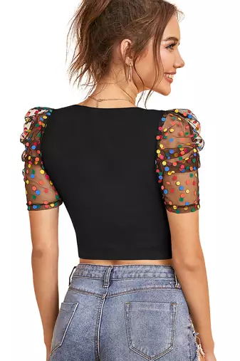  black polka dot crop top for women     aesthetic v-neck puff sleeve designer top