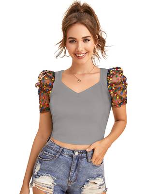  grey dot printed puff sleeve crop top for women     aesthetic v-neck designer top 1