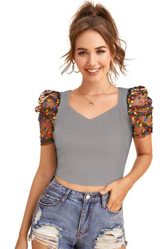  grey dot printed puff sleeve crop top for women     aesthetic v-neck designer top