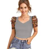  grey dot printed puff sleeve crop top for women     aesthetic v-neck designer top