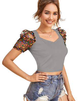  grey dot printed puff sleeve crop top for women     aesthetic v-neck designer top 2