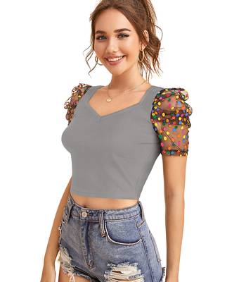 grey dot printed puff sleeve crop top for women     aesthetic v-neck designer top 3