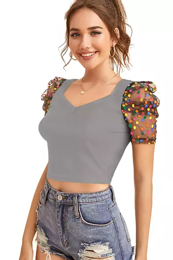  grey dot printed puff sleeve crop top for women     aesthetic v-neck designer top
