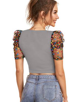 grey dot printed puff sleeve crop top for women     aesthetic v-neck designer top 4