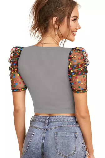 grey dot printed puff sleeve crop top for women     aesthetic v-neck designer top