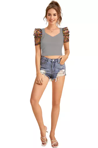  grey dot printed puff sleeve crop top for women     aesthetic v-neck designer top