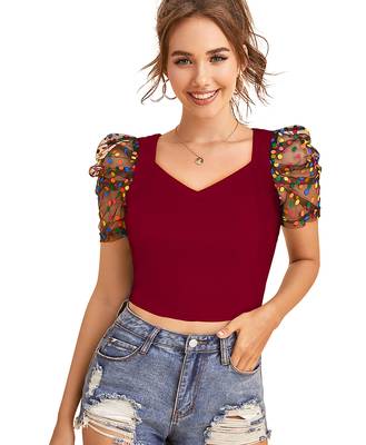  maroon dot printed puff sleeve crop top for women     aesthetic v-neck designer top 1