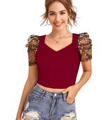  maroon dot printed puff sleeve crop top for women     aesthetic v-neck designer top