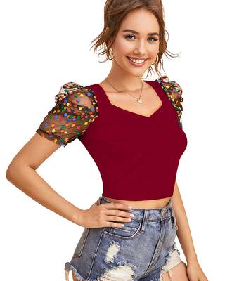  maroon dot printed puff sleeve crop top for women     aesthetic v-neck designer top 2