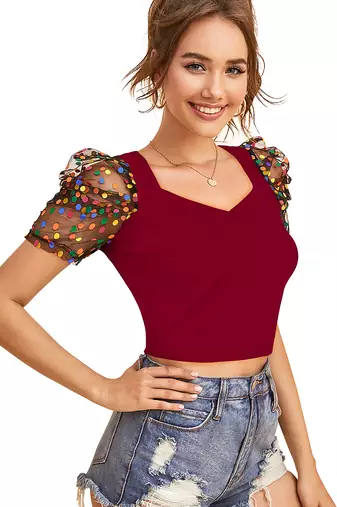  maroon dot printed puff sleeve crop top for women     aesthetic v-neck designer top