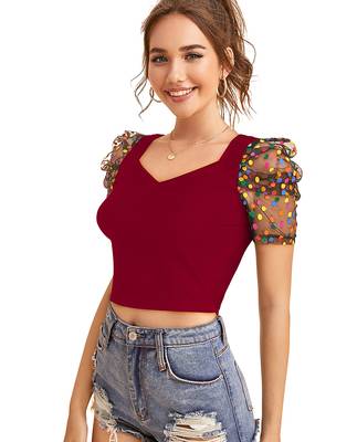  maroon dot printed puff sleeve crop top for women     aesthetic v-neck designer top 3