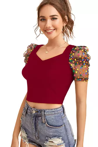  maroon dot printed puff sleeve crop top for women     aesthetic v-neck designer top