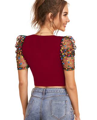  maroon dot printed puff sleeve crop top for women     aesthetic v-neck designer top 4