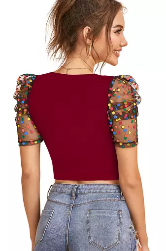  maroon dot printed puff sleeve crop top for women     aesthetic v-neck designer top
