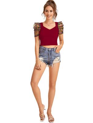  maroon dot printed puff sleeve crop top for women     aesthetic v-neck designer top 5