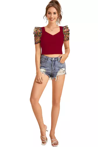  maroon dot printed puff sleeve crop top for women     aesthetic v-neck designer top