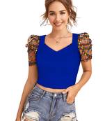  royal blue dot printed puff sleeve crop top for women     aesthetic v-neck designer top