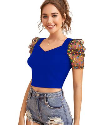  royal blue dot printed puff sleeve crop top for women     aesthetic v-neck designer top 3