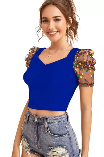  royal blue dot printed puff sleeve crop top for women     aesthetic v-neck designer top
