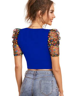  royal blue dot printed puff sleeve crop top for women     aesthetic v-neck designer top 4
