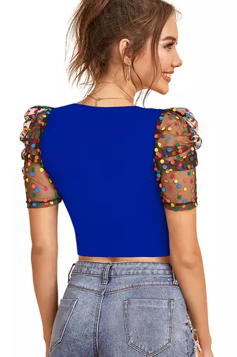  royal blue dot printed puff sleeve crop top for women     aesthetic v-neck designer top