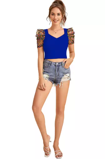  royal blue dot printed puff sleeve crop top for women     aesthetic v-neck designer top
