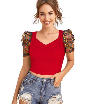  red dot printed puff sleeve crop top for women     aesthetic v-neck designer top 1