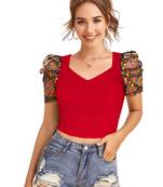  red dot printed puff sleeve crop top for women     aesthetic v-neck designer top