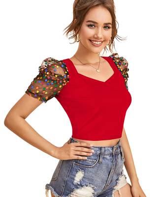  red dot printed puff sleeve crop top for women     aesthetic v-neck designer top 2