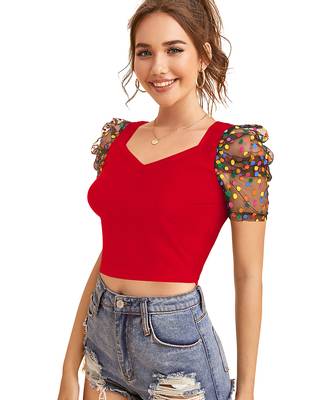  red dot printed puff sleeve crop top for women     aesthetic v-neck designer top 3