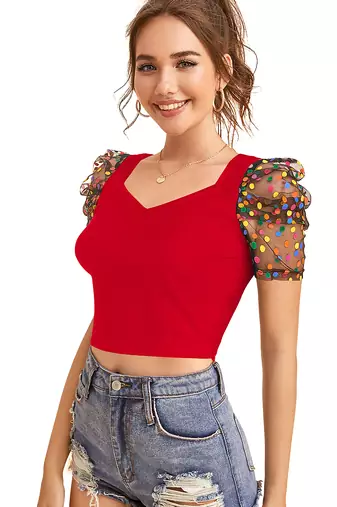  red dot printed puff sleeve crop top for women     aesthetic v-neck designer top