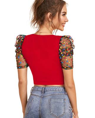  red dot printed puff sleeve crop top for women     aesthetic v-neck designer top 4
