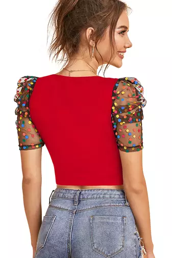  red dot printed puff sleeve crop top for women     aesthetic v-neck designer top