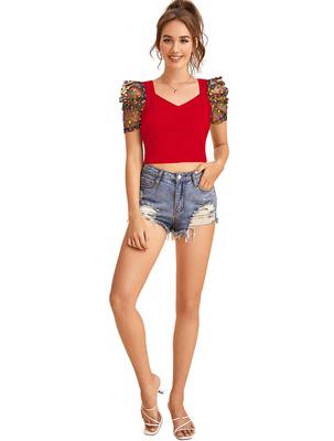  red dot printed puff sleeve crop top for women     aesthetic v-neck designer top 5