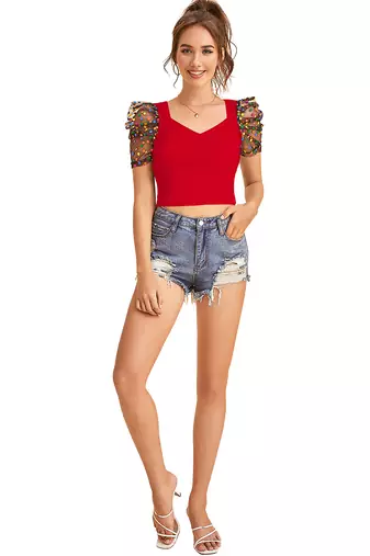  red dot printed puff sleeve crop top for women     aesthetic v-neck designer top