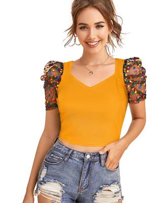  yellow dot printed puff sleeve crop top for women     aesthetic v-neck designer top 1