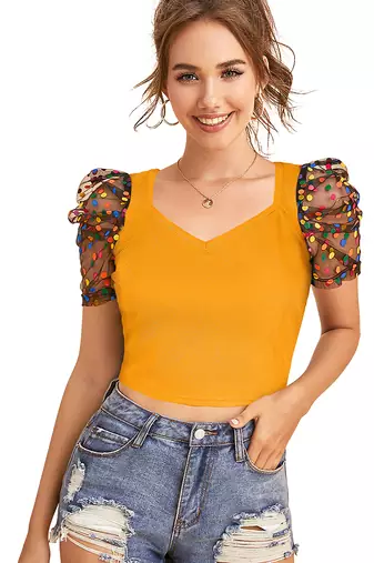  yellow dot printed puff sleeve crop top for women     aesthetic v-neck designer top