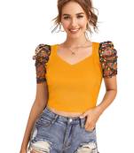  yellow dot printed puff sleeve crop top for women     aesthetic v-neck designer top