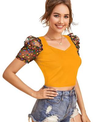  yellow dot printed puff sleeve crop top for women     aesthetic v-neck designer top 2