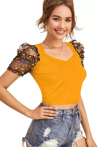  yellow dot printed puff sleeve crop top for women     aesthetic v-neck designer top