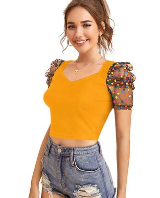  yellow dot printed puff sleeve crop top for women     aesthetic v-neck designer top 3