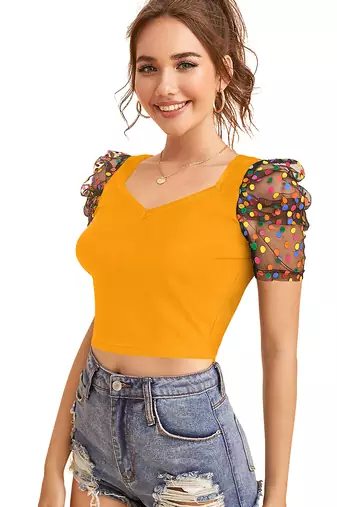  yellow dot printed puff sleeve crop top for women     aesthetic v-neck designer top