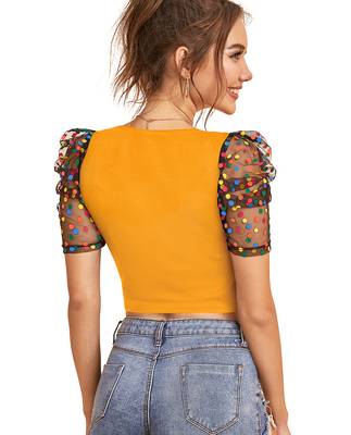  yellow dot printed puff sleeve crop top for women     aesthetic v-neck designer top 4