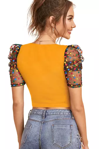  yellow dot printed puff sleeve crop top for women     aesthetic v-neck designer top