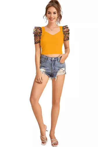  yellow dot printed puff sleeve crop top for women     aesthetic v-neck designer top