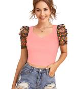  peach dot printed puff sleeve crop top for women     aesthetic v-neck designer top
