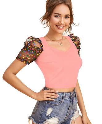  peach dot printed puff sleeve crop top for women     aesthetic v-neck designer top 2