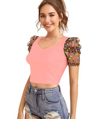  peach dot printed puff sleeve crop top for women     aesthetic v-neck designer top 3