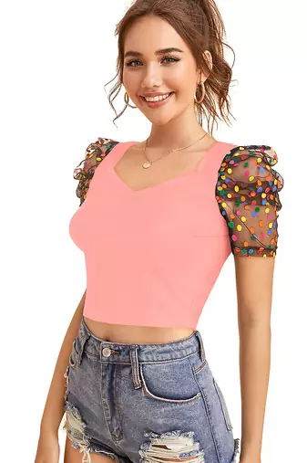  peach dot printed puff sleeve crop top for women     aesthetic v-neck designer top